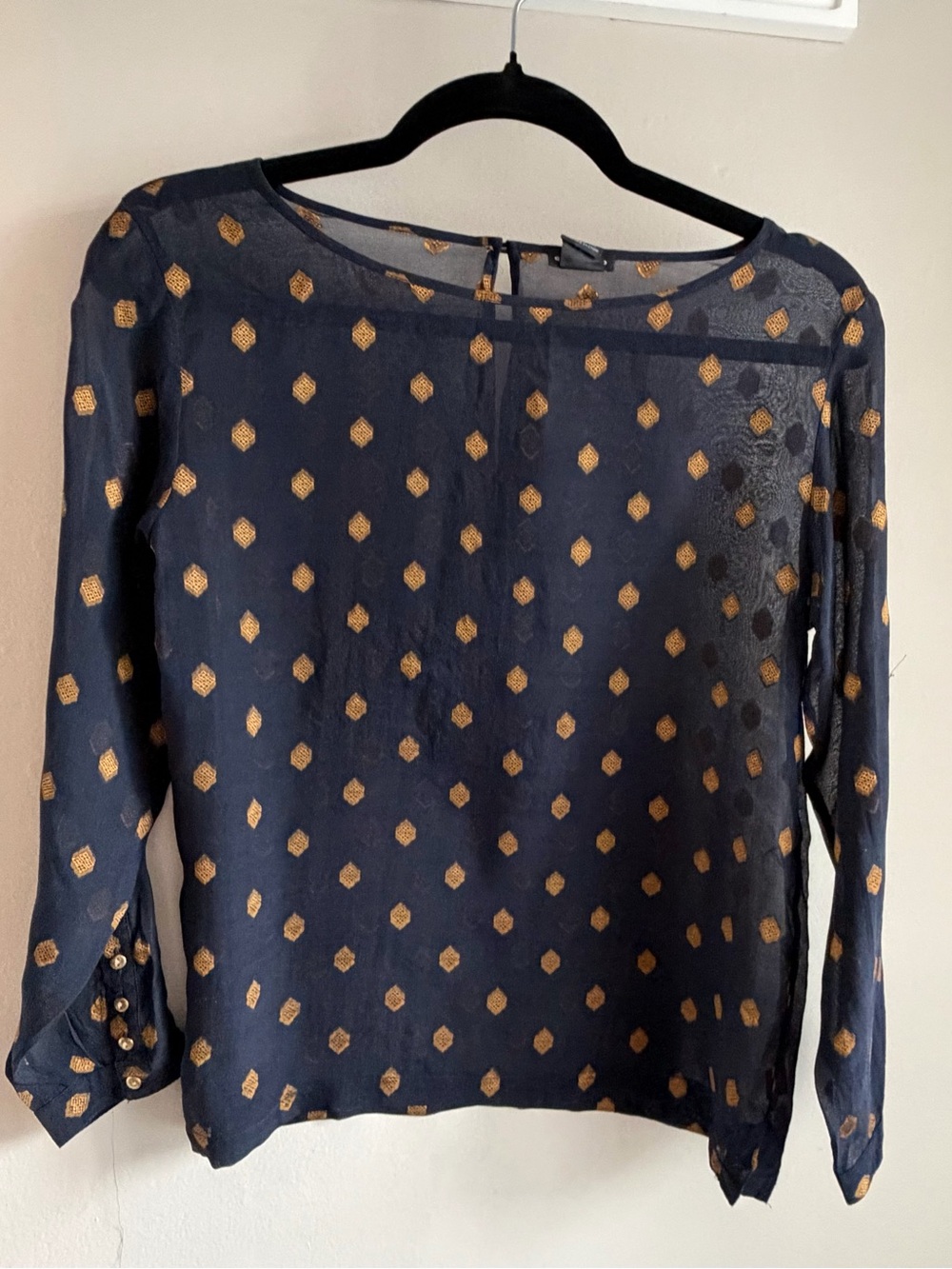 Club Monaco Navy Sheer Blouse with Gold Dot Motif